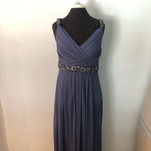 Cachet Slate Blue Chiffon Goddess Gown Beaded Waist and Straps 12 - Picture 2 of 11